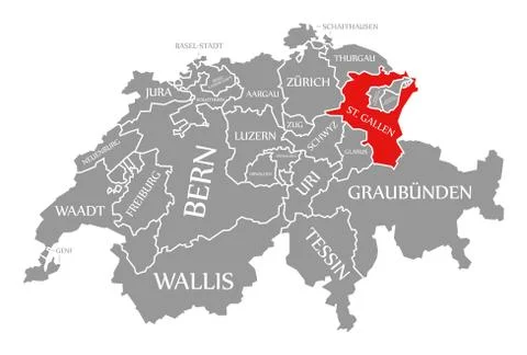 St Gallen red highlighted in map of Switzerland Stock Illustration