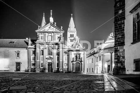 St George Basilica in Prague Castle by night, Praha, Czech Republic Stock Photos