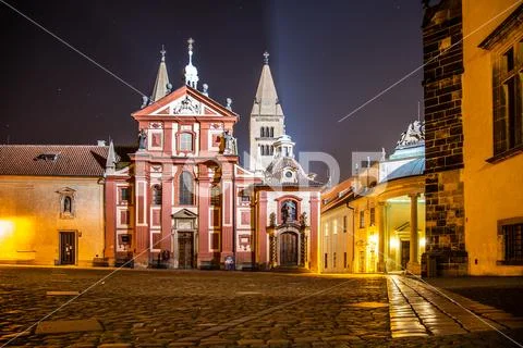 St George Basilica in Prague Castle by night, Praha, Czech Republic Stock Photos