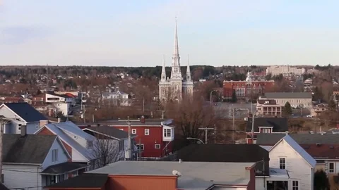 St-Georges-De-Beauce, Quebec - Moving shot of town and church Stock Footage 81413761