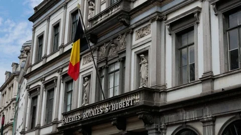 St. Hubert royales galleries flags in Brussels, 4K Stock Footage 91245041