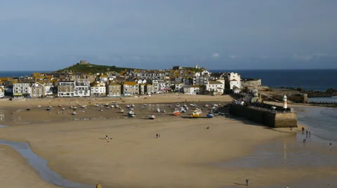 St Ives harbour, Cornwall, UK, tide out Stock Footage 58199775