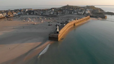 St Ives Lighthouse Pullback Reveal Sunrise Stock Footage
