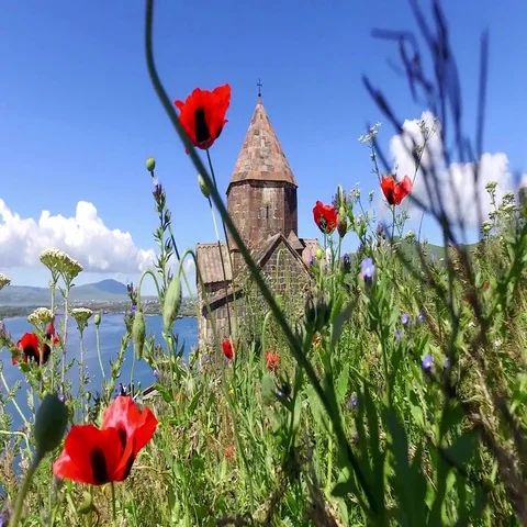 St. Jakob Church on Sevan lake. Armenia Stock Footage 69724089