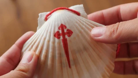 St. james shell scallop in hand, red cross Stock-Footage 114373504