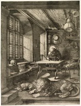 St. Jerome in his Study, 1514. Albrecht Drer (German, 1471-1528). Engraving; Stock Illustration
