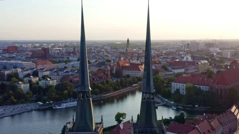 St. John the Baptist cathedral overlooking the Oder River and town Wroclaw Stock Footage 218562526
