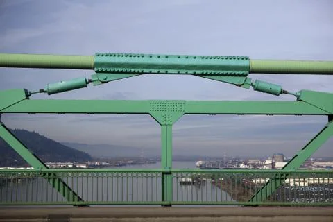 St. johns bridge railing over willamette river Stock Photos