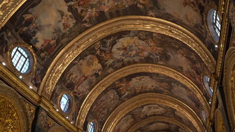 St John's Co-Cathedral Inside Detail of Fresco Ceilings - Valletta Malta Stock Footage 212103256