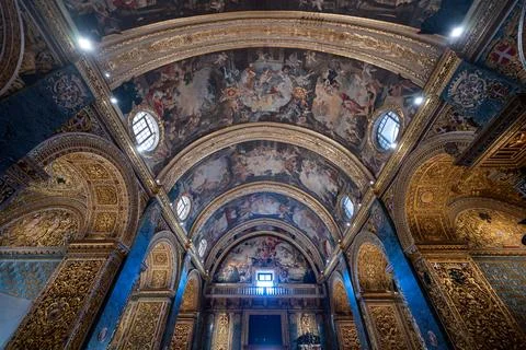 St. Johns Co-Cathedral interior ceiling frescoes - Valletta, Malta Stock Photos