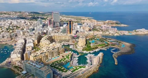 St. Julians city, aerial view. Portomaso tower and marina. Malta Stock Footage 221559341