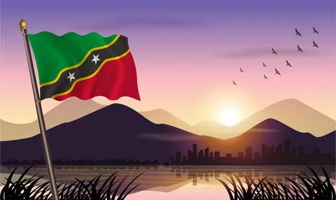 ST. Kitts Nevis flag flying against a beautiful sunrise sky Stock Illustration