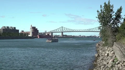 St. Lawrence River and the Jacques Cartier Bridge Stock Footage 77164944