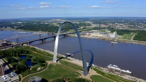 OverflightStock™  Night View of Busch Stadium and Gateway Arch St Louis  Missouri Aerial Stock Footage