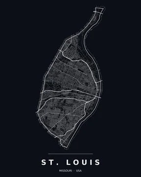 St Louis MO Street Map Road Network Highways Dark Mode Editable Vector Stock Illustration
