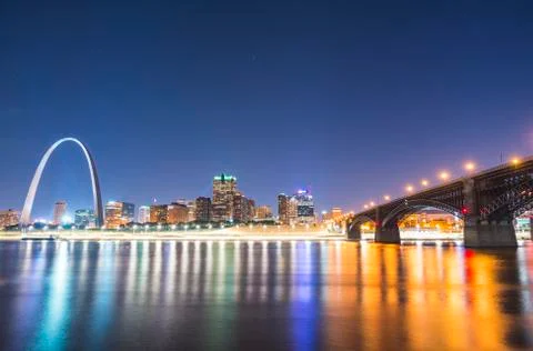 St. louis skyscraper at night with reflection in river,st. louis,missouri,usa Stock Photos