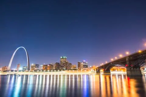 St. louis skyscraper at night with reflection in river,st. louis,missouri,usa Stock Photos