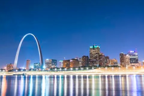 St. louis skyscraper at night with reflection in river,st. louis,missouri,usa Stock Photos