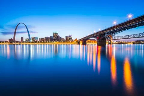 St. louis skyscraper at night with reflection in river,st. louis,missouri,usa Stock Photos