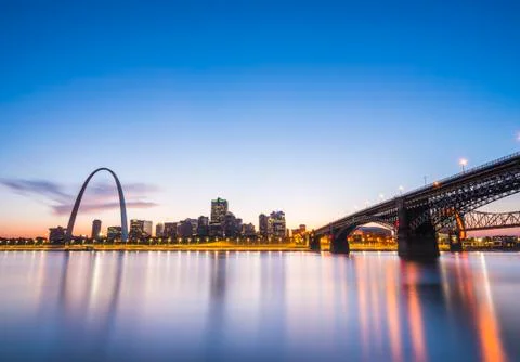 St. louis skyscraper at night with reflection in river,st. louis,missouri,usa Stock Photos