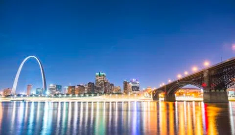 St. louis skyscraper at night with reflection in river,st. louis,missouri,usa Stock Photos