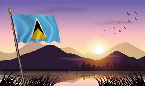 ST. Lucia flag flying against a beautiful sunrise sky. Stock Illustration