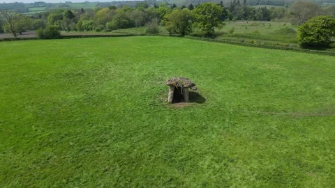 St. Lythan's Dolmen, 4K Descent Tiilt-Up Drone Clip, South Wales Stock Footage 278232011