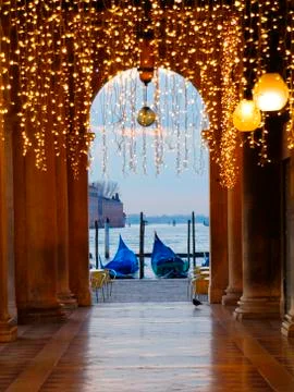 St Mark s Square and gondolas before sunrise in carnaval decoration, Venice, Stock-Fotos