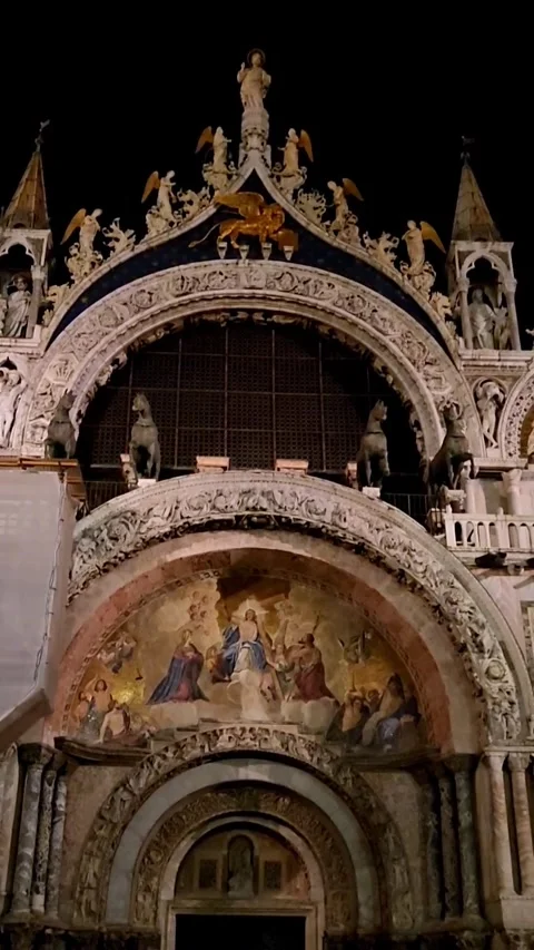 St. Mark’s Basilica with Evening Lights in Venice, Editorial Use Only Stock Footage 317648795