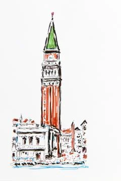 St mark's campanile, st mark's basilica, bell tower, venice, italy, drawing b Stock Illustration