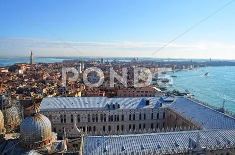 St. mark's cathedral in venice from above with city roofs in distance Stock Photos