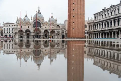 The St. Mark's Square in Venice during Bad Weather and High Tide Stock Photos