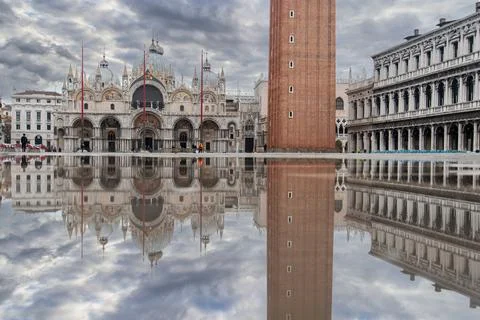 The St. Mark's Square in Venice during Bad Weather and High Tide Stock Photos