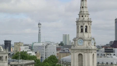 St Martin-in-the-Fields clock face and BT tower London Trafalgar 2017 Stock Footage 78198521