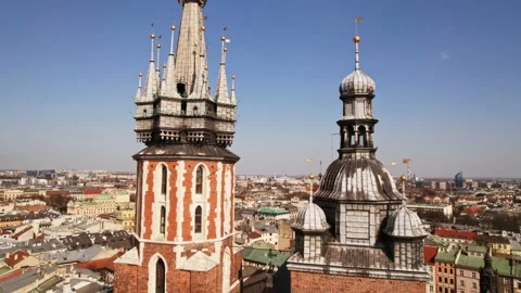 St Mary Basilica Fly Between Bell Towers Reveal Calm Historical Neighborhood Stock Footage 235559774