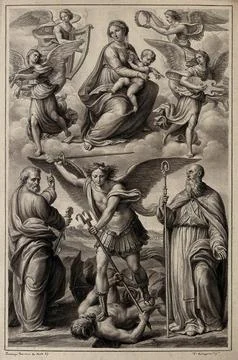 St Michael stands upon the defeated devil; St. Peter and St Benedict flank .. Stock Illustration