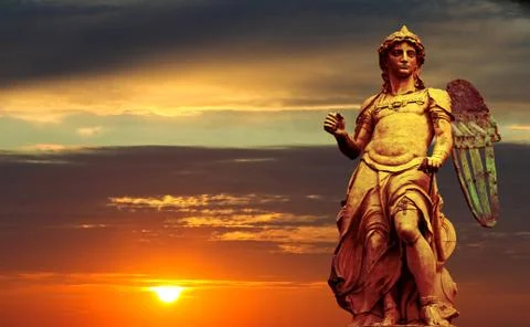 St. michael - statue by raffaello da montelupo - sunset background Stock Photos