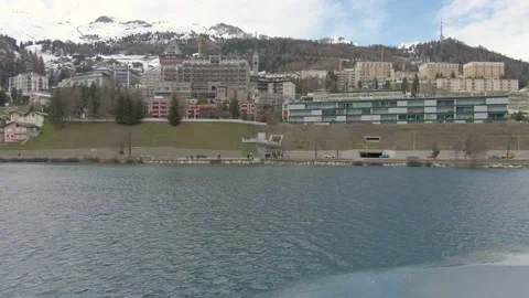 St Moritz From Lake Fly Over Town Stock Footage 239658805