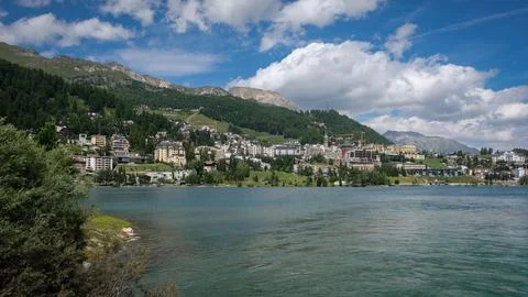 St Moritz lake town in the background Stock Photos