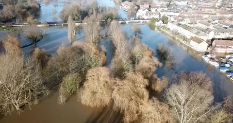 St Neots - River Ouse Burts Its Banks After Storm Bella -  Riveside Park 4K Stock Footage 145820434