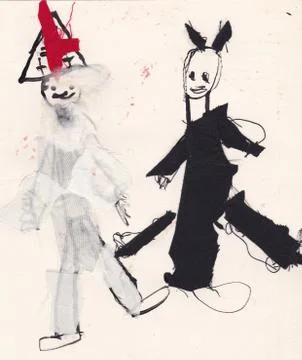 St. Nicholas and Devil - ink with glued fabric (original kid picture) Stock Illustration