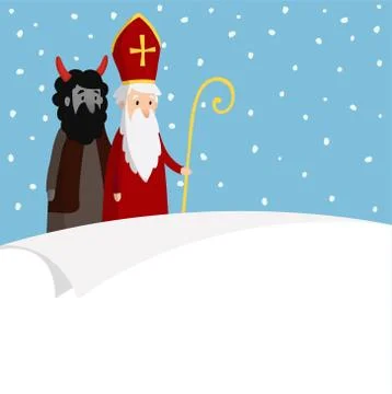 St. Nicholas with devil, falling snow and blank paper. Cute Christmas invitation Stock Illustration
