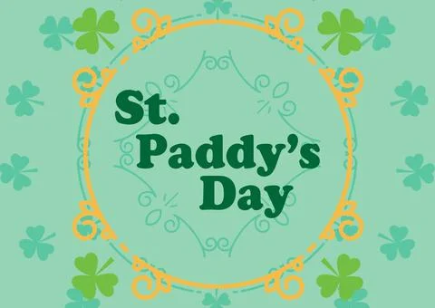 St paddy's day text in frame with clover leaves on green background Stock Illustration