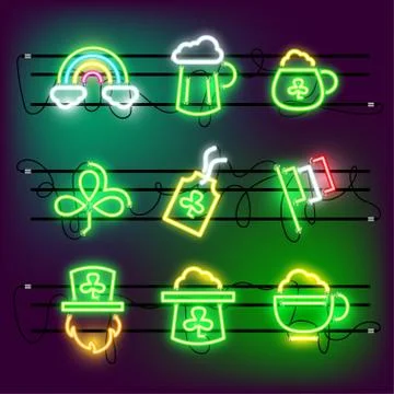 St Partricks Day icon set neon effect Stock Illustration
