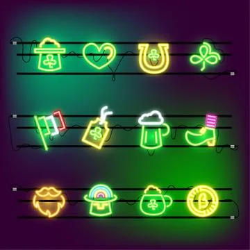 St Partricks Day icon set neon effect Stock Illustration