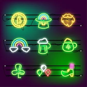 St Partricks Day icon set neon effect Stock Illustration