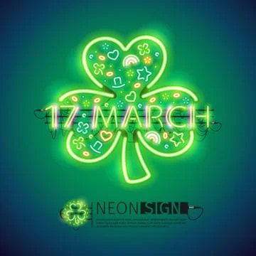 St Patrick 17 March Neon Signs Stock Illustration