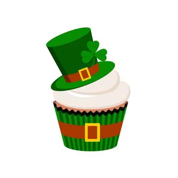 St Patrick cupcake with leprechaun hat isolated on white background. Stock Illustration
