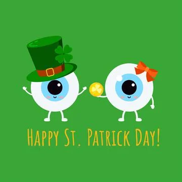 St Patrick cute eyes in leprechaun hat and in glasses with gold coin. Stock Illustration