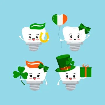 St Patrick cute teeth dental implant icon set isolated. Stock Illustration